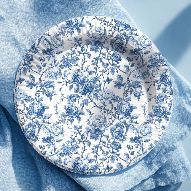 Assiette en papier fleurs toile de Jouy bleue élég (Serve in style with these blue French toile de Jouy rose paper plates, featuring an elegant floral d)