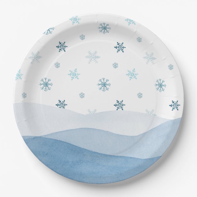 Assiette en Papier Flocon de Neige Bleu Hiver (Devant)