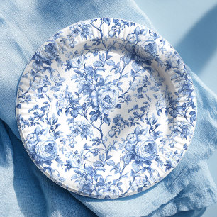 Assiette en papier floral à motif toile de Jouy bl