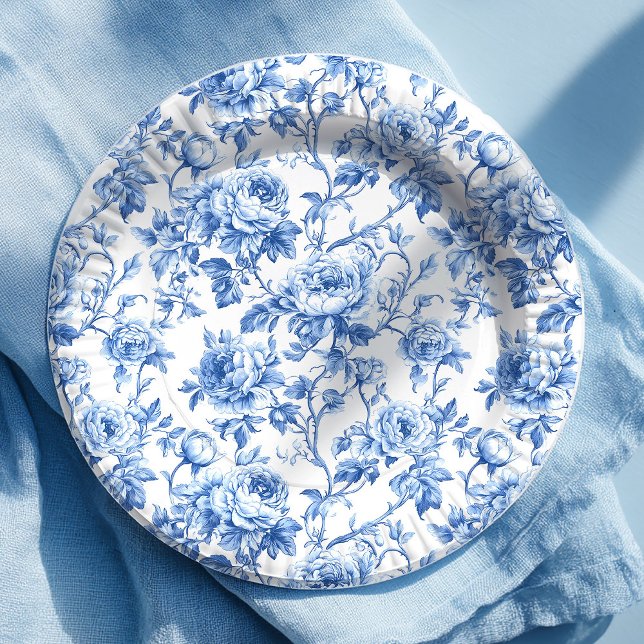 Assiette en papier floral à motif toile de Jouy bl (Refined Blue French Toile Roses Floral Paper Plates)