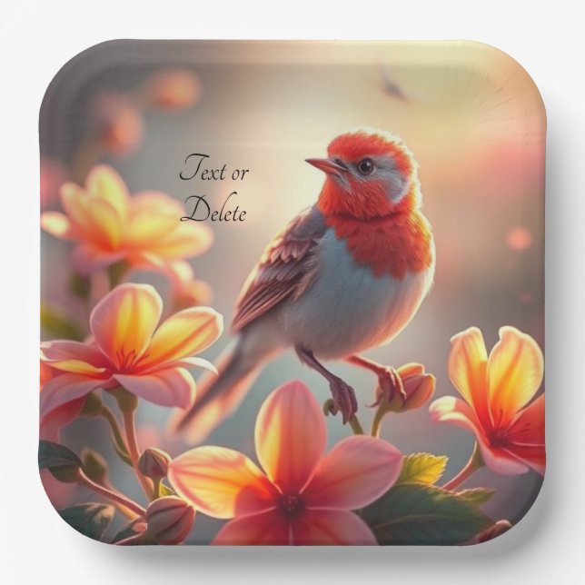 Assiette en papier floral à oiseau orange (Recto)