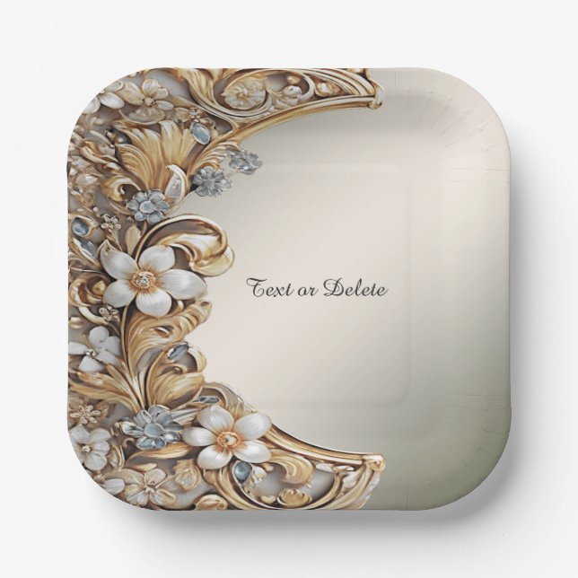 Assiette en papier floral blanc or décoratif (Recto)