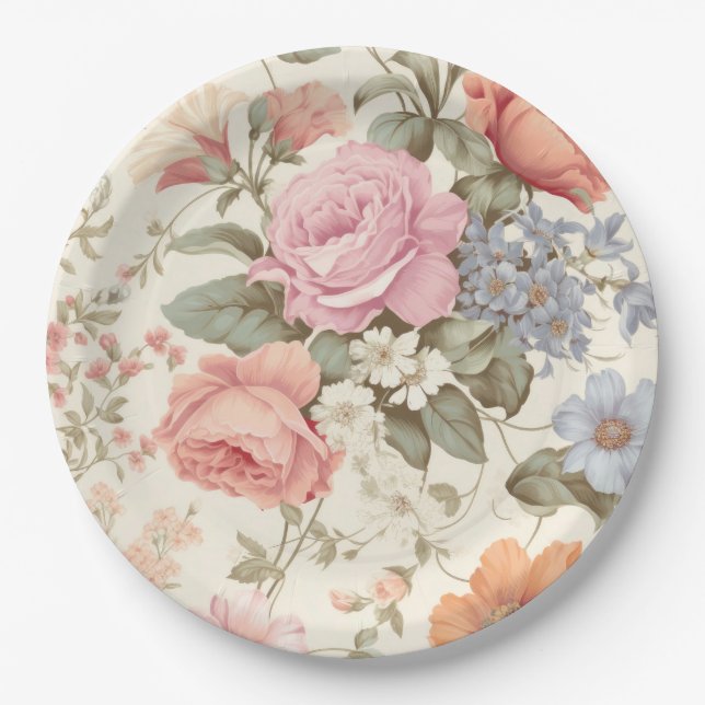 Assiette en papier floral orange rose (Devant)