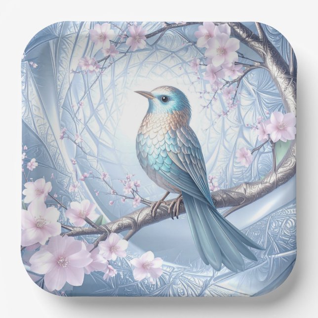 Assiette en papier florale Blue Bird (Recto)