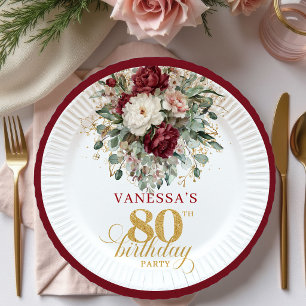 Assiette en papier florale Bourgogne bohème pour 8