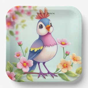 Assiette en papier florale oiseau bleu rose mignon