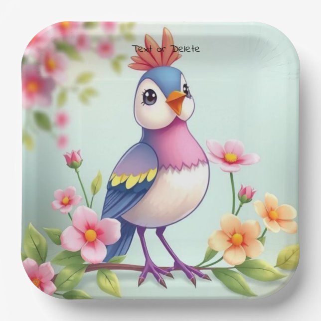 Assiette en papier florale oiseau bleu rose mignon (Recto)