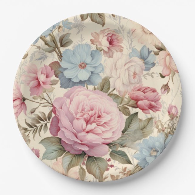 Assiette en papier florale rose bleue (Devant)