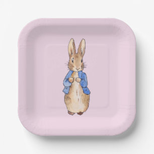 Assiette en papier fond rose lapin classique