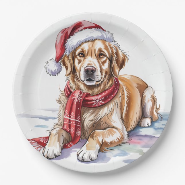 Assiette en papier Golden Retriever Noël (Devant)