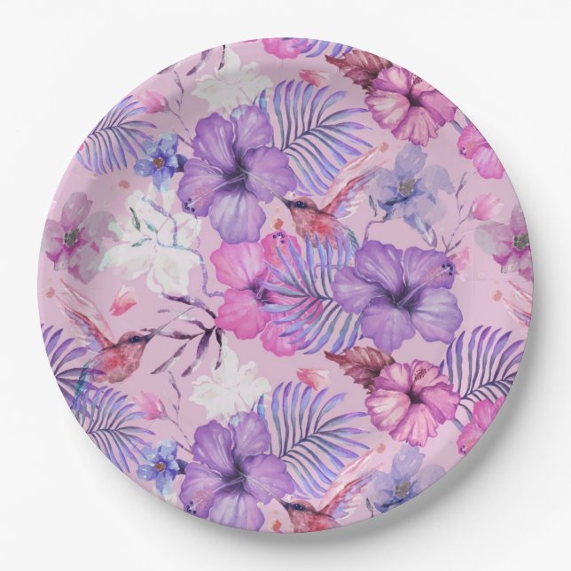 ASSIETTE EN PAPIER:  HIBISCUS ET HUMMINGBIRS DE CO (Devant)