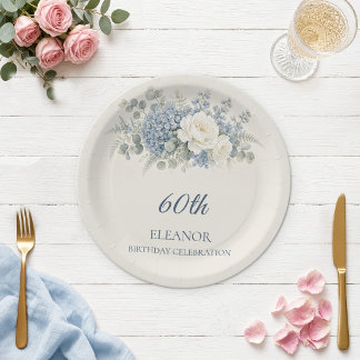 Assiette en papier Hydrangea Bleu Aquarelle 60 ans