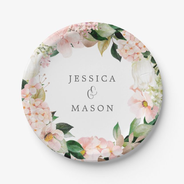 Assiette en papier Hydrangea Blush Monogram Mariag (Devant)