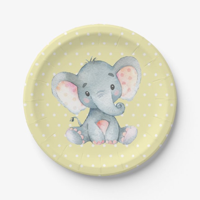Assiette en papier jaune Baby shower éléphant (Devant)