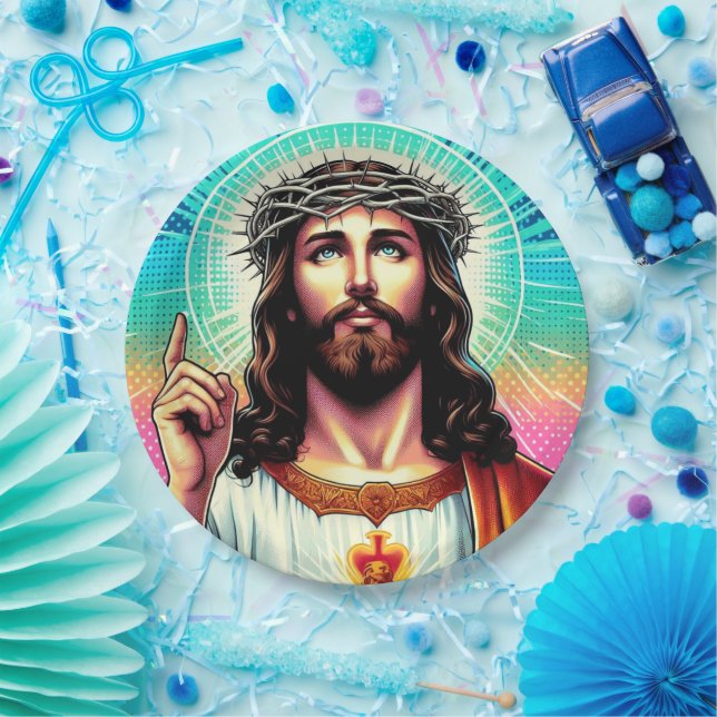 Assiette en papier Jésus coloré ! (Fête)