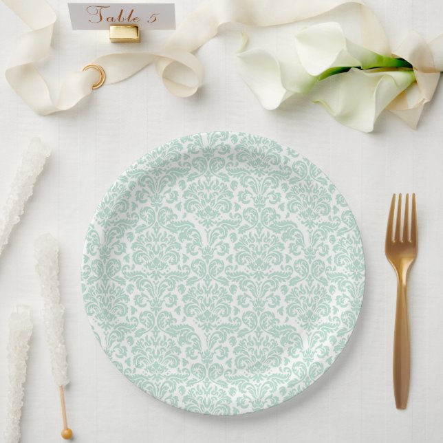 Assiette en papier jolie verte de Damas (Mariage)