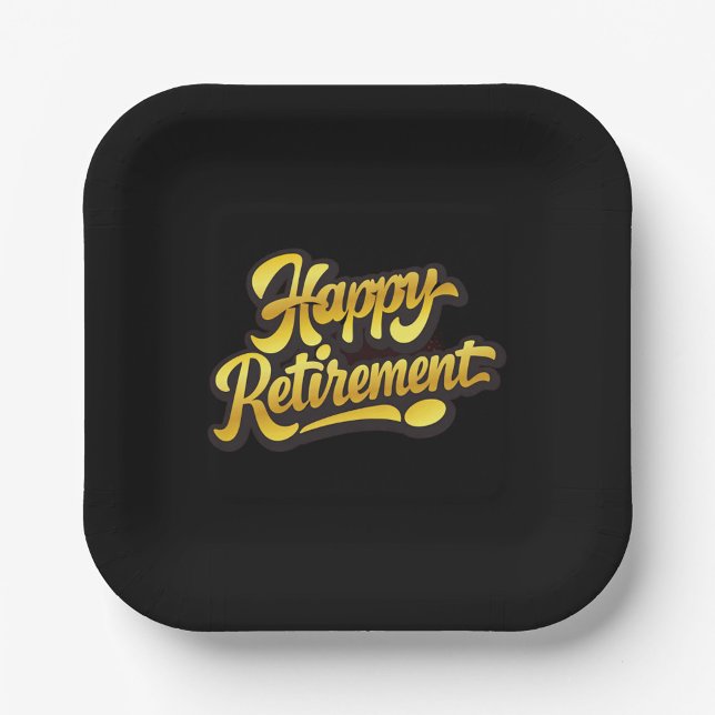 Assiette en papier Joyeuse Retraite (Black square plate with rounded edges, featuring elegant gold "Happy Retirement"!)