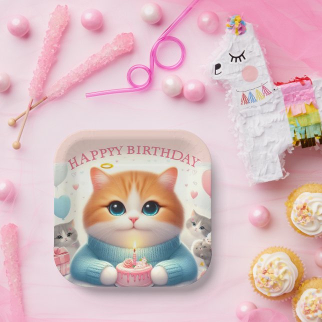 Assiette en papier Joyeux Anniversaire Chat Mignon (Fête)
