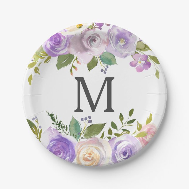 Assiette en papier Lavande Florale Monogramme pour (Devant)