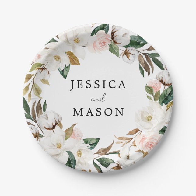 Assiette en papier Magnolia Coton Monogramme pour  (Devant)