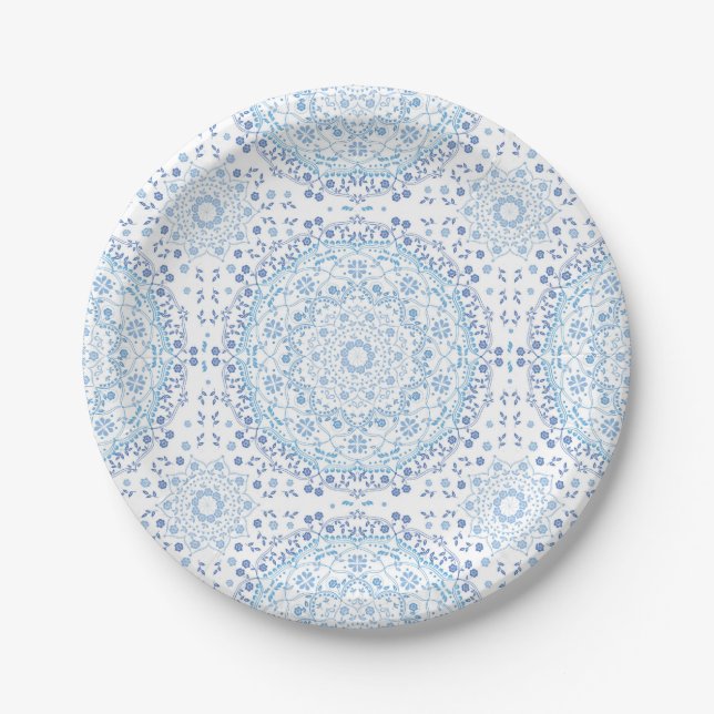 Assiette en papier mandala bleu (Devant)