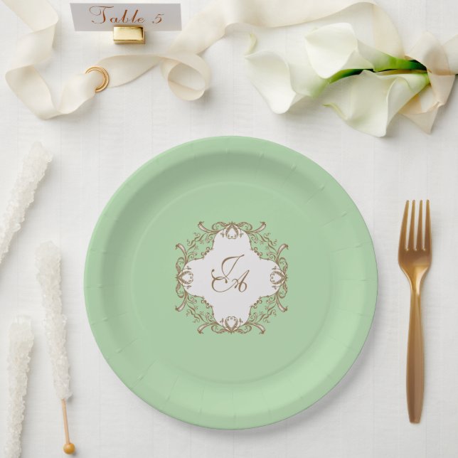 Assiette en papier mariage baroque vert menthe (Mariage)