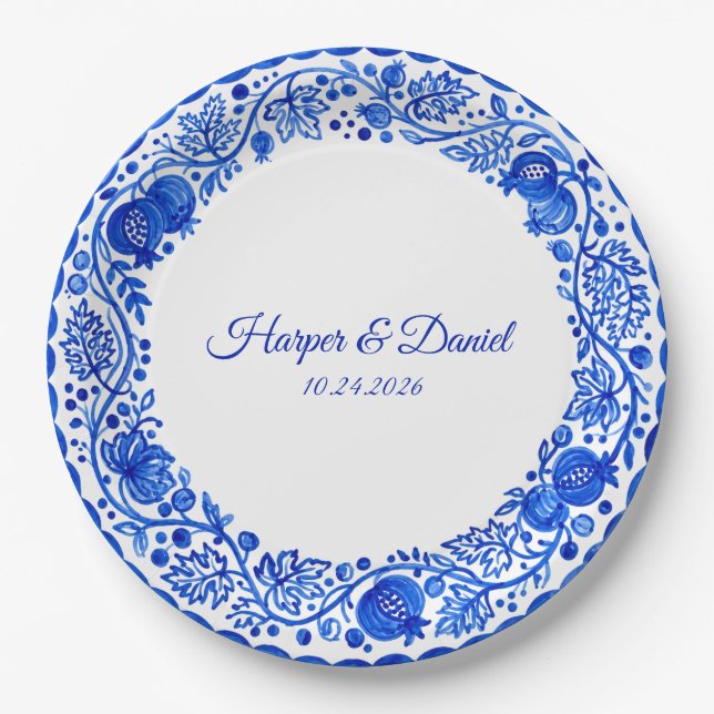 Assiette en papier mariage bleu blanc Faux Delft (Devant)