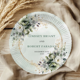 Assiette en papier mariage botanique vert sauge aq