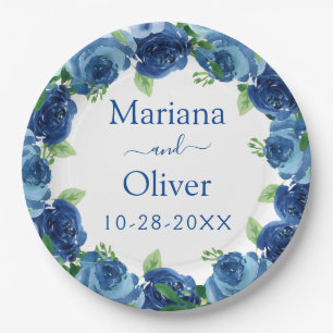 Assiette en papier mariage floral aquarelle bleu m