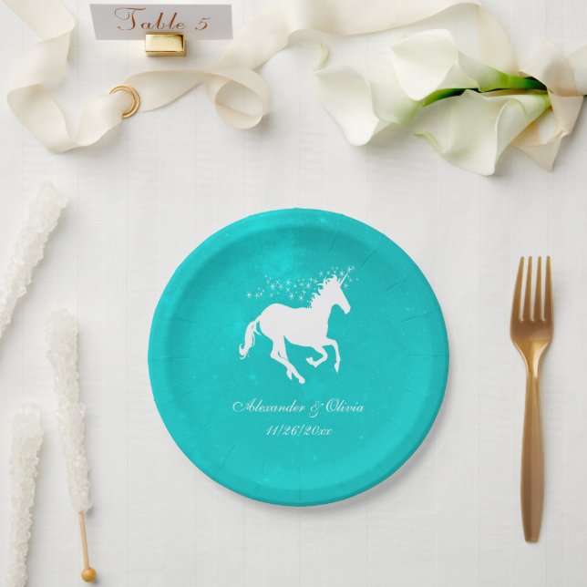 Assiette en papier Mariage Licorne Turquoise (Mariage)
