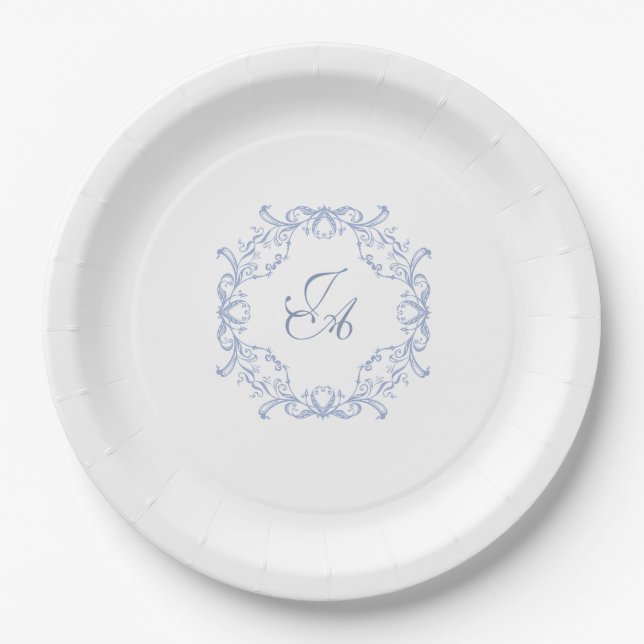 Assiette en Papier Mariage Monogramme Baroque Bleu (Devant)