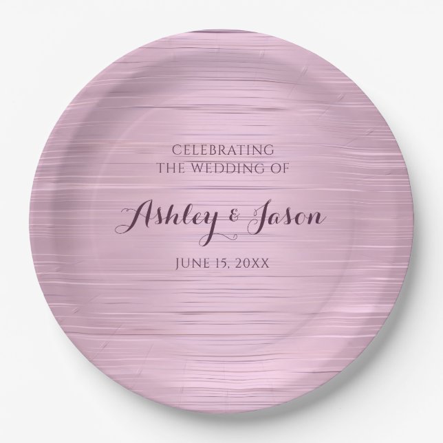 Assiette en papier métallisé rose pour mariage (Devant)
