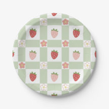 Assiette en Papier Mignonne Fraise Gingham Vert Pâ
