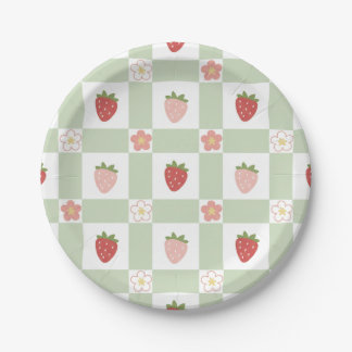 Assiette en Papier Mignonne Fraise Gingham Vert Pâ