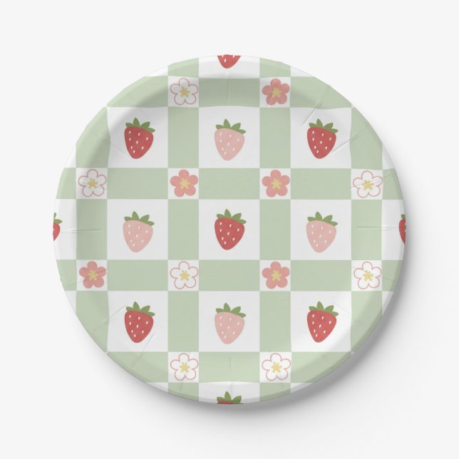 Assiette en Papier Mignonne Fraise Gingham Vert Pâ (Devant)