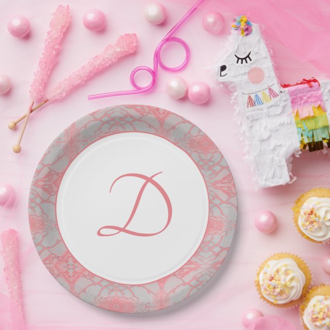 Assiette en papier monogramme à marbre rose (Fête)
