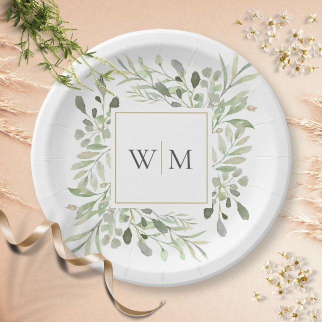 Assiette en papier Monogramme Or Feuillage Verdure (Créateur téléchargé)