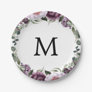 Assiette en papier Monogramme Prune Pivoines pour 