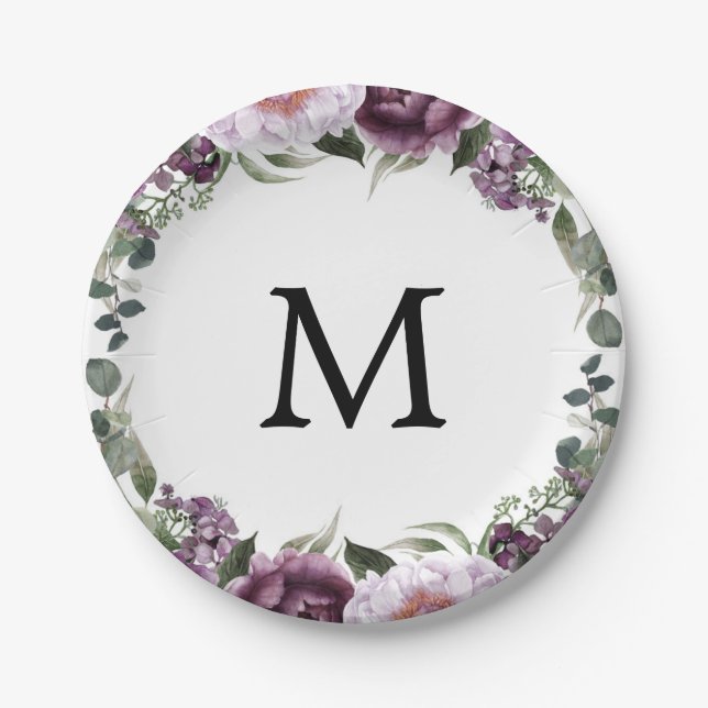 Assiette en papier Monogramme Prune Pivoines pour  (Devant)