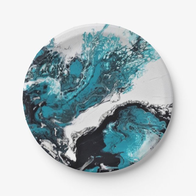 Assiette en papier. Motif abstrait vagues d'océan. (Devant)