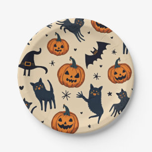 Assiette en papier motif citrouille et chat Hallow
