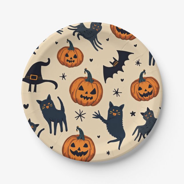 Assiette en papier motif citrouille et chat Hallow (Devant)