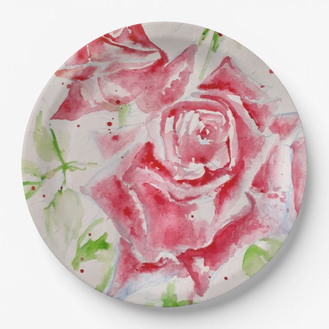 Assiette en papier motif fleur rose rouge (Devant)