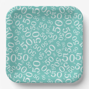 Assiette en papier motif numérique sarcelle/blanc