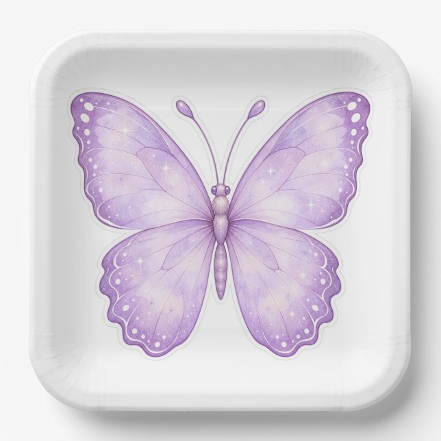 Assiette en papier motif papillon magique violet  (Recto)