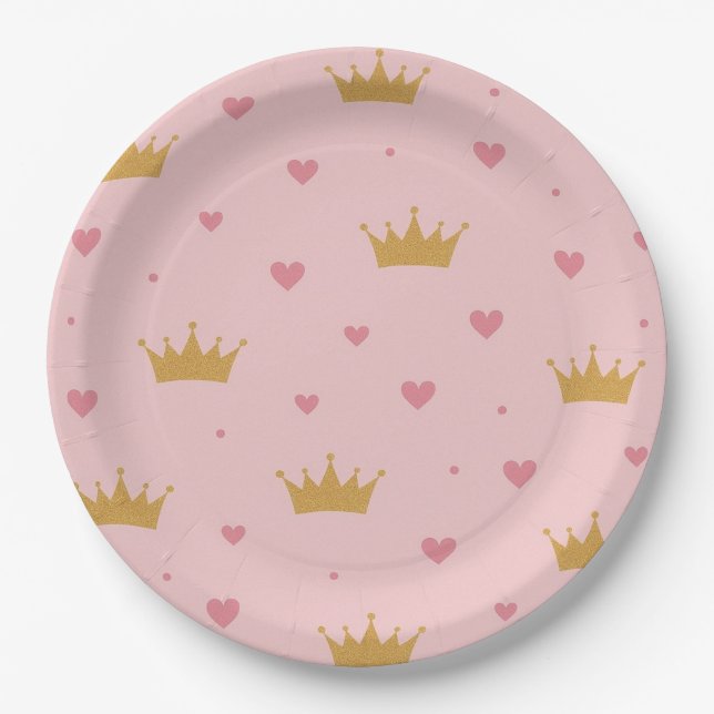 Assiette en papier motif princesse rose et or (Devant)