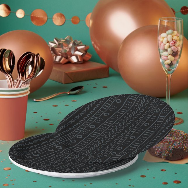 Assiette en papier Mudcloth de créateur noir et gr (Multi)