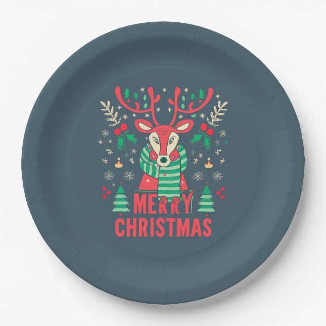 Assiette en papier Noël Rennes (Devant)