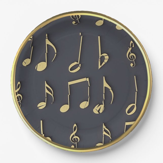 Assiette en papier Notes de musique dorées (Devant)