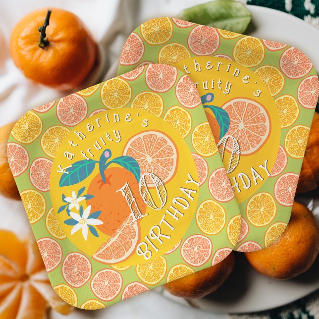 Assiette en papier Orange Fruité 10e anniversaire (Orange Fruity Birthday Party Plate.)